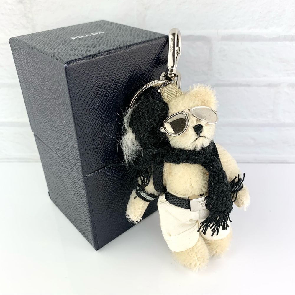Prada White Bear Black Scarf/Backpack Bag Charm Key Ring Keychain W/Box